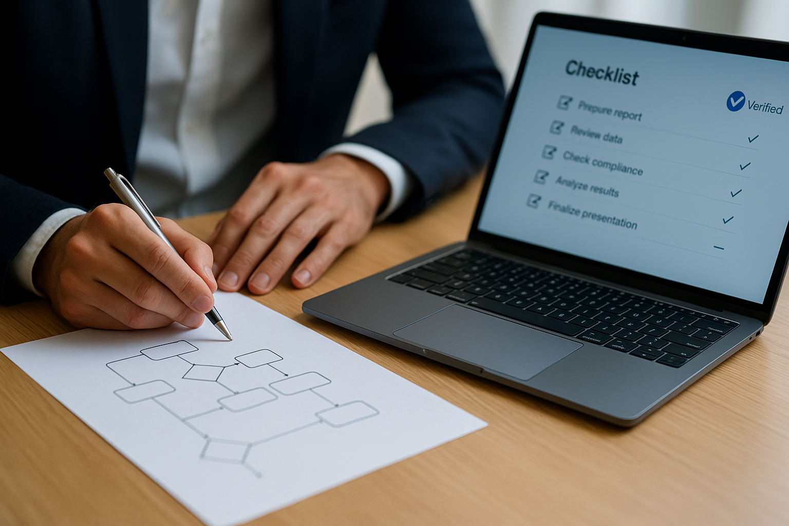 HR trendi – spretnosti, delo in odgovorna UI HR trendi: Vodja s peresom preverja preprost procesni diagram, ob strani prenosnik z urejenim kontrolnim seznamom in oznako “Verified”. Spretnosti/grid: Minimalistična mreža poslovnih spretnosti, poudarjena ploščica “Notranja mobilnost”. Kakovost/checklist: Označen kontrolni seznam: standard kakovosti, človeška verifikacija, revizijska sled.